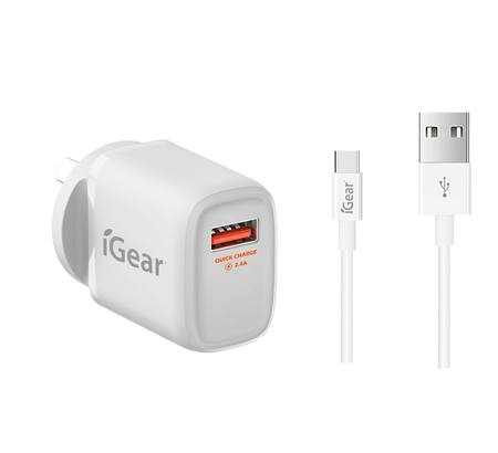 WALL CHARGER 240V WITH USB-C CABLE - WHITE